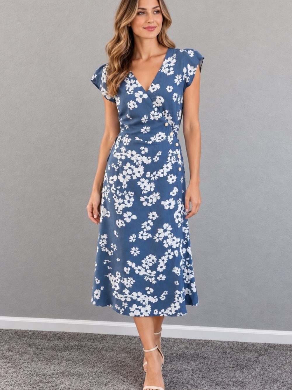 GAP Blue White Floral Wrap Midi Dress Size 4 V Neck Tie Waist Rayon